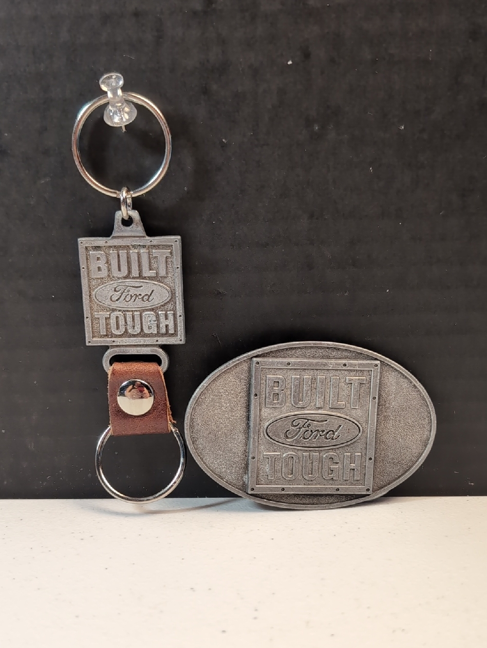 Belt Buckle & Key Chain Set Ford - Built Ford Tough Silver Tone